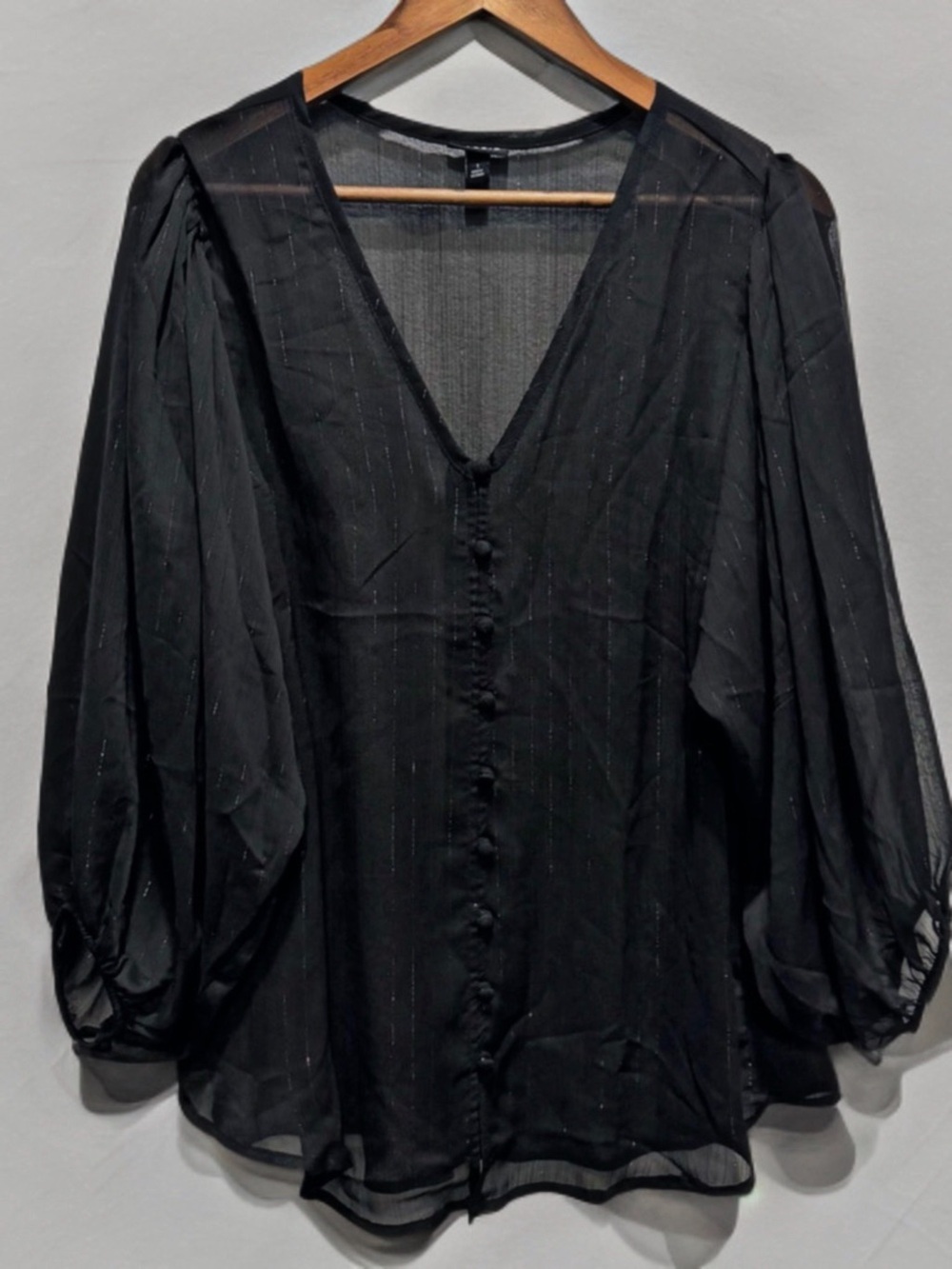 🖤 Torrid Sheer Black Metallic Sheer 🩶 Stripe Blouse | Size 1 | Bishop Sleeve